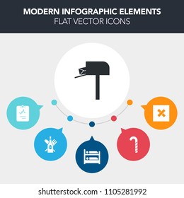 Modern, simple, colorful vector infographic background with box, communication, mailbox, beverage, winery, correspondence, striped, sign, heart, business, glass, drink, medical, send, stick, bed icons