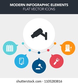 Modern, simple, colorful vector infographic background with kitchen, energy, sign, justice, gasoline, judge, meal, time, petrol, street, spoon, security, law, gas, fork, dinner, knife, food, day icons