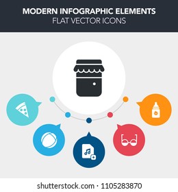 Modern, simple, colorful vector infographic background with natural, eye, add, jam, pizza, ingredient, optical, cheese, fast, eyeglasses, sphere, ball, yellow, jar, kid, dinner, background, food icons