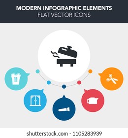 Modern, simple, colorful vector infographic background with equipment, torch, black, frame, cup, coffee, modern, shirt, home, electric, house, label, game, closeup, heater, bright, sport, night icons