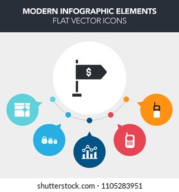 Modern, simple, colorful vector infographic background with trendline, box, technology, phone, fitness, keypad, cell, old, package, birthday, wireless, business, telephone, mobile, white, weight icons
