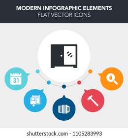 Modern, simple, colorful vector infographic background with clothing, home, storage, caravan, tool, wood, trailer, time, equipment, wrench, spanner, schedule, camper, hammer, lifestyle, clothes icons