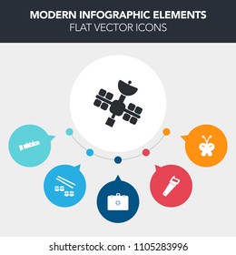Modern, simple, colorful vector infographic background with butterfly, beauty, wireless, musical, construction, sushi, aid, tool, space, equipment, fish, insect, white, pipe, japanese, music icons