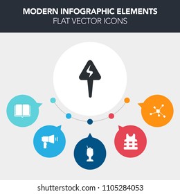 Modern, simple, colorful vector infographic background with science, party, sign, life, power, book, rescue, lemon, paper, vest, bar, literature, cocktail, electricity, loud, message, library icons