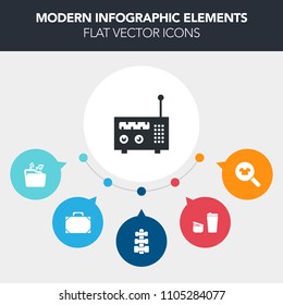 Modern, simple, colorful vector infographic background with leather, media, lifestyle, internet, store, accessory, cafe, clothing, brown, music, fitness, sport, morning, coffee, cup, object, hot icons