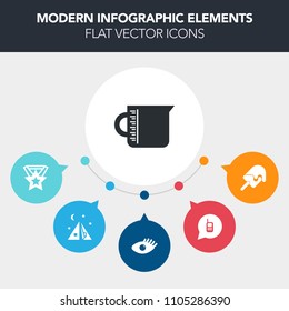 Modern, simple, colorful vector infographic background with glass, strawberry, beautiful, prize, girl, camp, tourism, ribbon, communication, cream, technology, tool, container, ringing, food icons