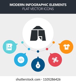 Modern, simple, colorful vector infographic background with list, camp, satellite, space, bottle, substitute, shuttle, replacement, beauty, travel, boy, adventure, tourism, concept, directory icons