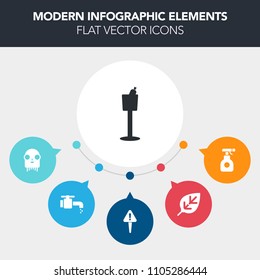 Modern, simple, colorful vector infographic background with foliage, industry, holder, tap, spray, restaurant, sprayer, nature, alien, water, forest, sink, space, green, character, background icons