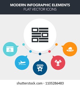 Modern, simple, colorful vector infographic background with web, object, headwear, television, medal, water, ribbon, lock, element, global, plastic, baseball, style, plane, cap, internet, flight icons