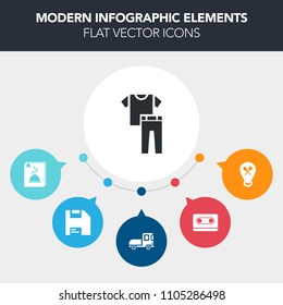 Modern, simple, colorful vector infographic background with music, internet, interface, cloth, computer, menu, old, trailer, textile, diskette, sound, transportation, location, stereo, fashion icons