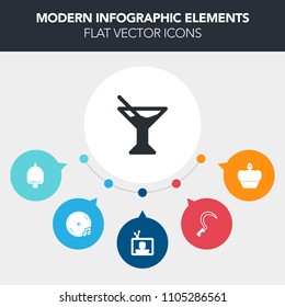 Modern, simple, colorful vector infographic background with chocolate, food, drink, microphone, tropical, cookie, cupcake, audio, party, bell, summer, tv, technology, screen, alarm, agriculture icons