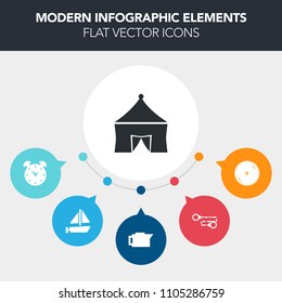 Modern, simple, colorful vector infographic background with coffee, bell, recreation, time, white, cup, toy, drink, timer, sound, vintage, transportation, ship, summer, cafe, brown, minute, tent icons