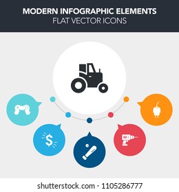 Modern, simple, colorful vector infographic background with equipment, joystick, sport, construction, tractor, business, hand, energy, agriculture, field, phone, sign, controller, repair, farm icons