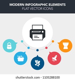 Modern, simple, colorful vector infographic background with music, petal, launch, nature, summer, computer, sign, rocket, technology, knife, laser, white, concert, blossom, equipment, spoon, ink icons