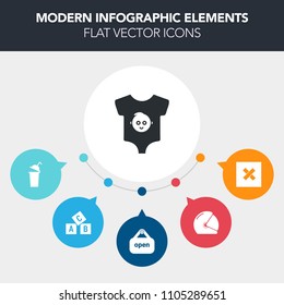 Modern, simple, colorful vector infographic background with cup, open, child, letter, element, store, infant, motor, closed, clothing, sport, reading, girl, motorbike, cute, sign, alphabet, bike icons