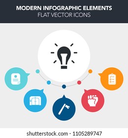 Modern, simple, colorful vector infographic background with innovation, hand, bulb, concept, building, hammer, human, business, construction, up, repair, light, creative, list, finger, pliers icons