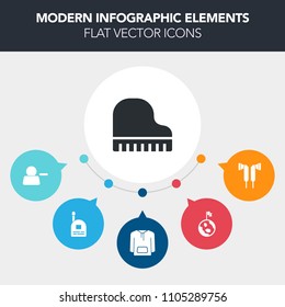 Modern, simple, colorful vector infographic background with user, button, universe, boy, child, communication, earth, clothes, music, space, young, keyboard, sound, pictogram, talkie, astronomy icons