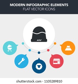 Modern, simple, colorful vector infographic background with commerce, hammer, market, customer, shirt, fashion, mountain, clothing, volcano, white, cart, construction, repair, volcanic, work icons