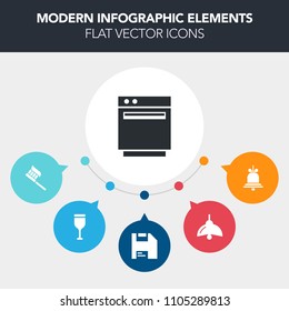 Modern, simple, colorful vector infographic background with oven, bell, tooth, brush, equipment, cooking, kitchen, alarm, computer, lamp, toothpaste, call, drink, alert, health, red, clean, sign icons