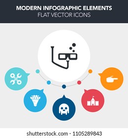 Modern, simple, colorful vector infographic background with industrial, space, scuba, food, repair, work, pot, vacation, construction, blossom, sport, diet, tool, snorkel, fiction, renovation icons