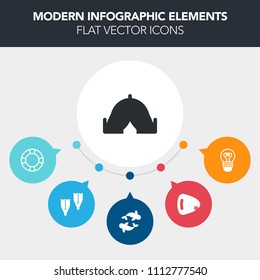 Modern, simple, colorful vector infographic background with landscape, tent, lightbulb, tourism, food, fishing, leisure, underwater, electric, shine, camp, music, electricity, bright, nature icons