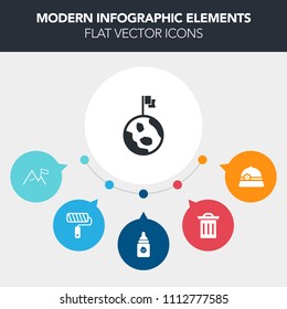 Modern, simple, colorful vector infographic background with wall, food, earth, bottle, space, universe, roller, nutrition, globe, recycling, planet, garbage, night, container, rock, work, nature icons
