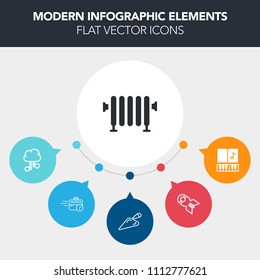 Modern, simple, colorful vector infographic background with explosion, business, war, technology, heat, bomb, melody, music, electric, military, boiler, sound, equipment, work, internet, late icons