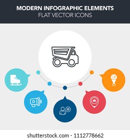 Modern, simple, colorful vector infographic background with dump, sound, pointer, tipper, loud, profile, leisure, transport, car, truck, activity, audio, sport, speaker, dumper, map, white, cold icons