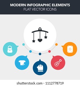 Modern, simple, colorful vector infographic background with rock, concert, winter, child, crib, music, toy, childhood, mittens, bag, game, casino, christmas, hat, kid, season, shirt, t-shirt icons