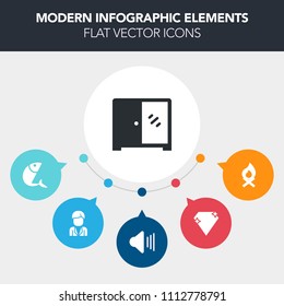 Modern, simple, colorful vector infographic background with gemstone, home, diamond, crystal, bonfire, fresh, man, jewel, interior, kitchen, male, wood, room, camp, cabinet, smoke, storage, gem icons