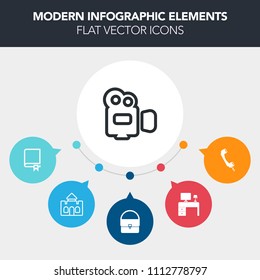 Modern, simple, colorful vector infographic background with professional, lens, tower, video, phone, literature, camera, encyclopedia, library, palace, white, desk, textbook, camcorder, film icons
