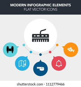 Modern, simple, colorful vector infographic background with planet, music, global, musical, europe, sticky, notification, tape, instrument, fresh, reminder, black, science, animal, fish, bell icons
