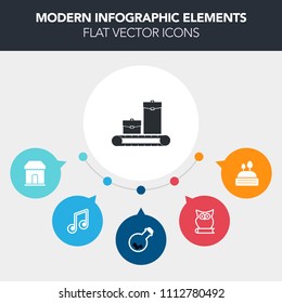 Modern, simple, colorful vector infographic background with food, clef, store, musical, luggage, music, medicine, animal, medical, white, dessert, note, cake, science, baggage, equipment, cookie icons