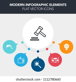 Modern, simple, colorful vector infographic background with justice, flower, interior, table, find, wild, screen, ocean, blossom, summer, technology, marine, office, media, spring, courthouse icons