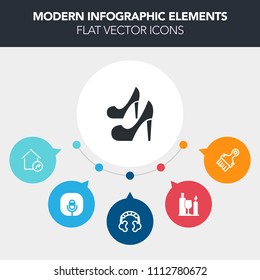 Modern, simple, colorful vector infographic background with property, modern, estate, radio, fashion, headset, house, girl, home, microphone, real, music, mic, beauty, heel, paintbrush, high icons