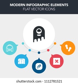 Modern, simple, colorful vector infographic background with building, earphone, sign, page, lift, space, elevator, business, science, up, paper, equipment, audio, spaceship, ufo, invaders, alien icons