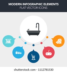 Modern, simple, colorful vector infographic background with atlas, bath, hygiene, weight, measurement, button, shower, world, library, asia, male, africa, game, interior, kilogram, office, chair icons