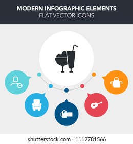 Modern, simple, colorful vector infographic background with furniture, apron, food, summer, web, sofa, string, camera, user, strawberry, vanilla, pictogram, restaurant, cone, music, chef, white icons