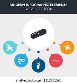 Modern, simple, colorful vector infographic background with bowling, wheel, bowl, scuba, planet, snorkel, drink, medicine, sea, orbit, pharmacy, satellite, capsule, hobby, pill, carriage, baby icons