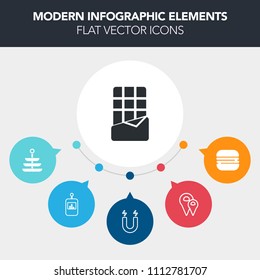 Modern, simple, colorful vector infographic background with map, button, food, candy, pin, technology, chocolate, meat, meal, video, lunch, magnetic, restaurant, remote, white, brown, kitchen icons