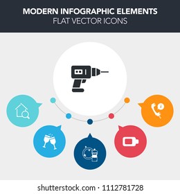 Modern, simple, colorful vector infographic background with real, internet, beverage, equipment, wine, service, house, call, hand, glass, drill, restaurant, power, red, contact, cleaner, battery icons