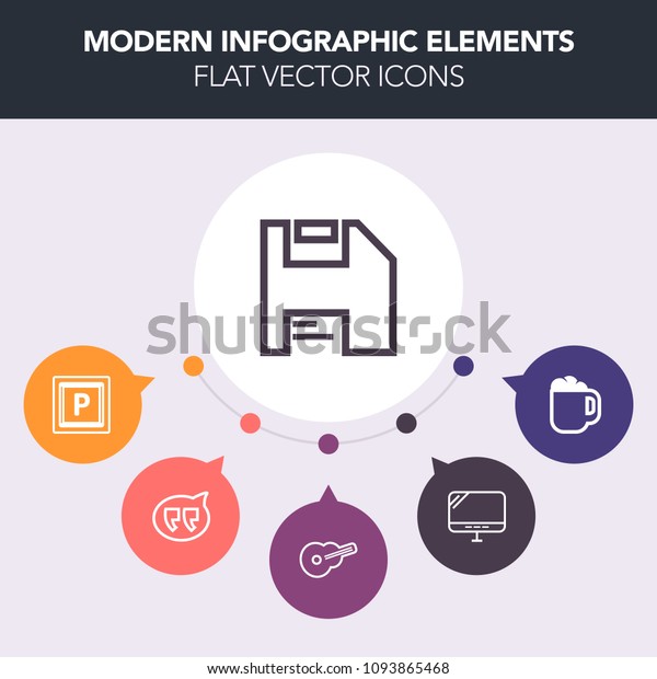 Modern, simple, colorful vector infographic
background with concert, screen, computer, diskette, chat, speech,
cafe, hot, save, urban, pc, printer, caffeine, mug, disk, bubble,
music, dialog icons