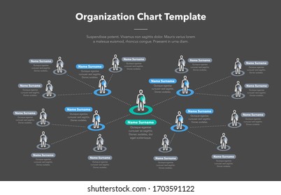 Modern simple company organization hierarchy schema template with place for your content - dark version. Easy to use for your website or presentation.