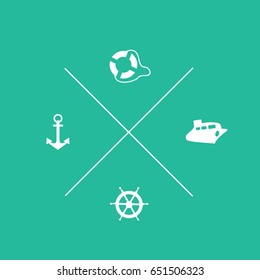 modern simple cool cartoon Marine Equipment isolated. Life Buoy & saver, nautical rudder ship helm wheel & anchor icon vector flat design style  background