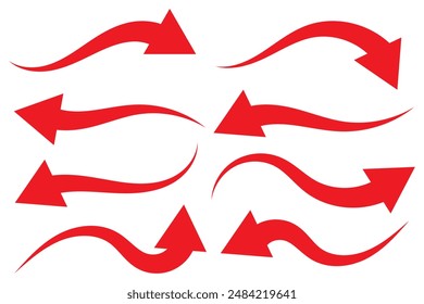 Modern simple curve arrows. Red Arrow icon collection. Arrows vector set. Mega set of red arrow vector. Vector illustration.