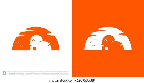 Modern simple cute Elephant logo,  modern elephant logo design with sun , water, child element, template .vector