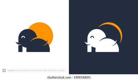 Modern simple cute Elephant logo,  modern elephant logo design with sun , water, child element, template .vector