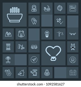 Modern, simple, dark vector icon set with center, boxing, communication, parasol, face, furniture, schedule, email, time, aircraft, bottle, radius, dinner, food, travel, location, calendar, seat icons
