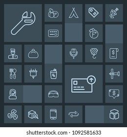Modern, simple, dark vector icon set with replace, substitute, glasses, headset, frame, plug, finance, cocktail, ventilator, scale, electric, currency, cube, square, war, equipment, glass, cash icons
