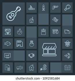 Modern, simple, dark vector icon set with musical, technology, jetliner, curtain, plane, laboratory, investment, loud, happy, equipment, loudspeaker, voice, diskette, tool, map, sound, location icons